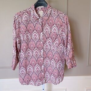 Chico's Linen No Iron sz 2 Pink Multi Print button down shirt blouse top